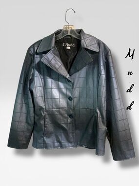 🥰VTG-Mudd Black/Teal Faux Leather Grid-Pattern Jacket Blazer